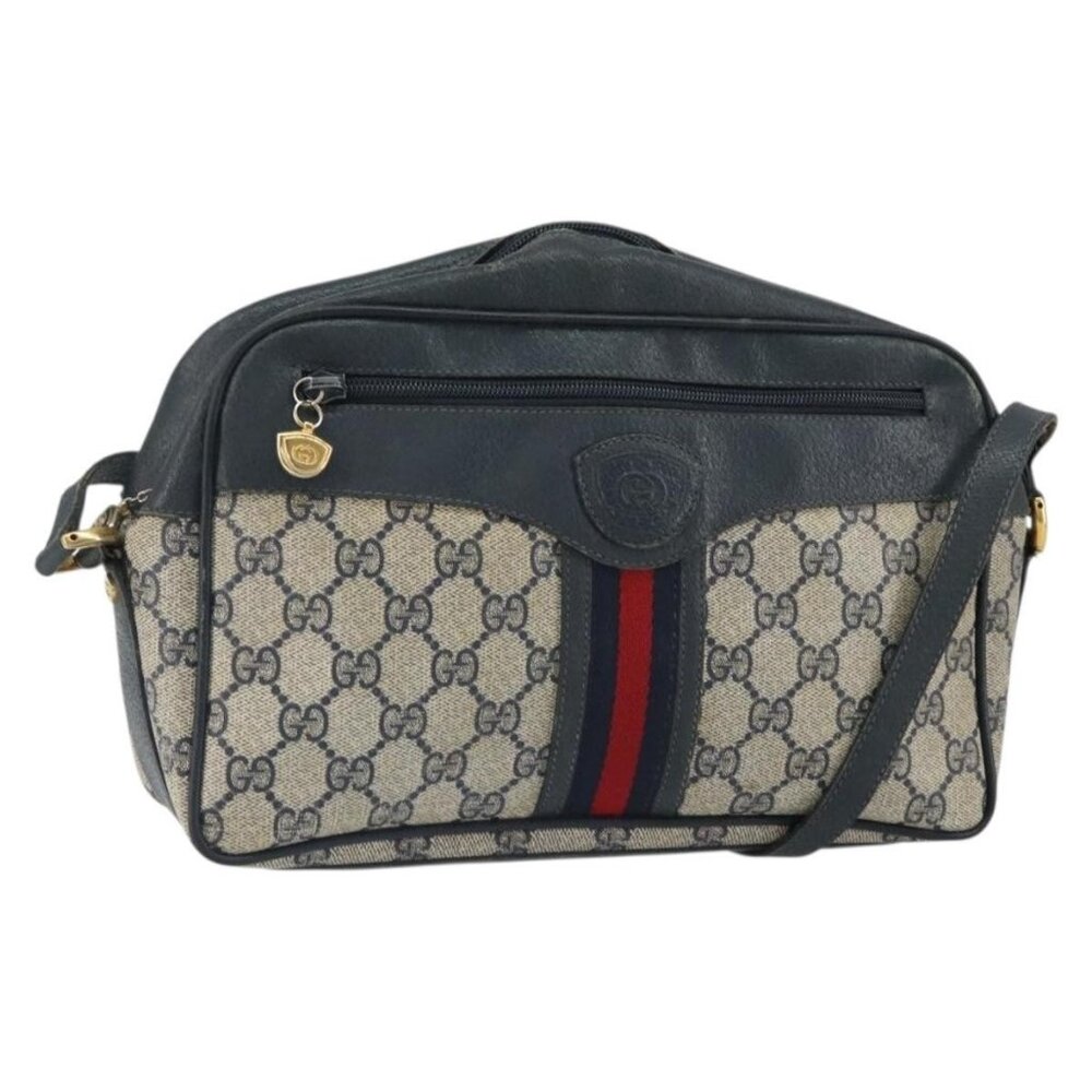 Authentic GUCCI GG Supreme Sherry Line Shoulder Bag PVC Navy Gold 001 56 0860